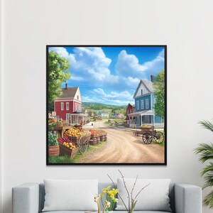 Vintage Watercolor Market Town Scene Wall Art-Old Time Village Illustration-Colorful Market Stalls-Cozy Small Town Digital Download-20&quot;x20&quot;