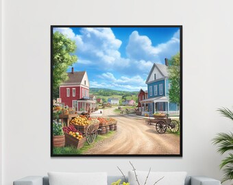 Vintage Watercolor Market Town Scene Wall Art-Old Time Village Illustration-Colorful Market Stalls-Cozy Small Town Digital Download-20"x20"