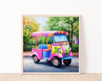 May include: A colorful, pink, green, yellow, and blue tuk-tuk, a type of auto rickshaw, is parked on a street with green trees in the background.