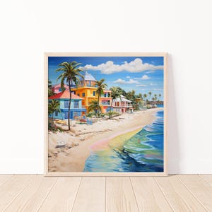 Colorful Tropical Beach Houses Digital Wall Art Printable Coastal Decor Vibrant Ocean Scene Download Beach House Art Print, Pastel, 20&quot;x20&quot;