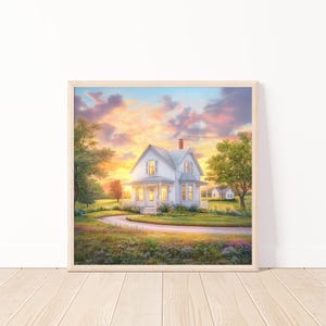 Vintage Watercolor Cottage Digital Art Print, Pastel Sunset Landscape Illustration, Country House Wall Art, Printable Home Decor, 20&quot;x20&quot;