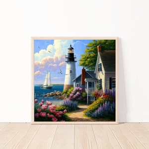 Seaside Lighthouse Wall Art-Nautical Ai Wall Art-Lighthouse Print-Lighthouse Decor-Lighthouse & Sailboat Digital Download-12&quot; x 12&quot;