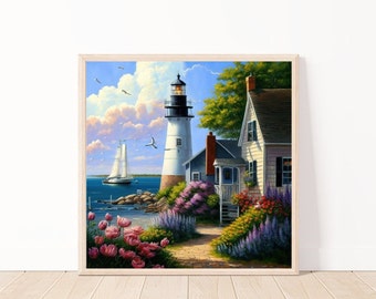 Seaside Lighthouse Wall Art-Nautical Ai Wall Art-Lighthouse Print-Lighthouse Decor-Lighthouse & Sailboat Digital Download-12" x 12"