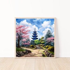 Watercolor Japanese Temple Wall Art-Ai Architecture Art-Japan Print-Japan Art-Japanese Decor Digital Download Art 12&quot;x12&quot;