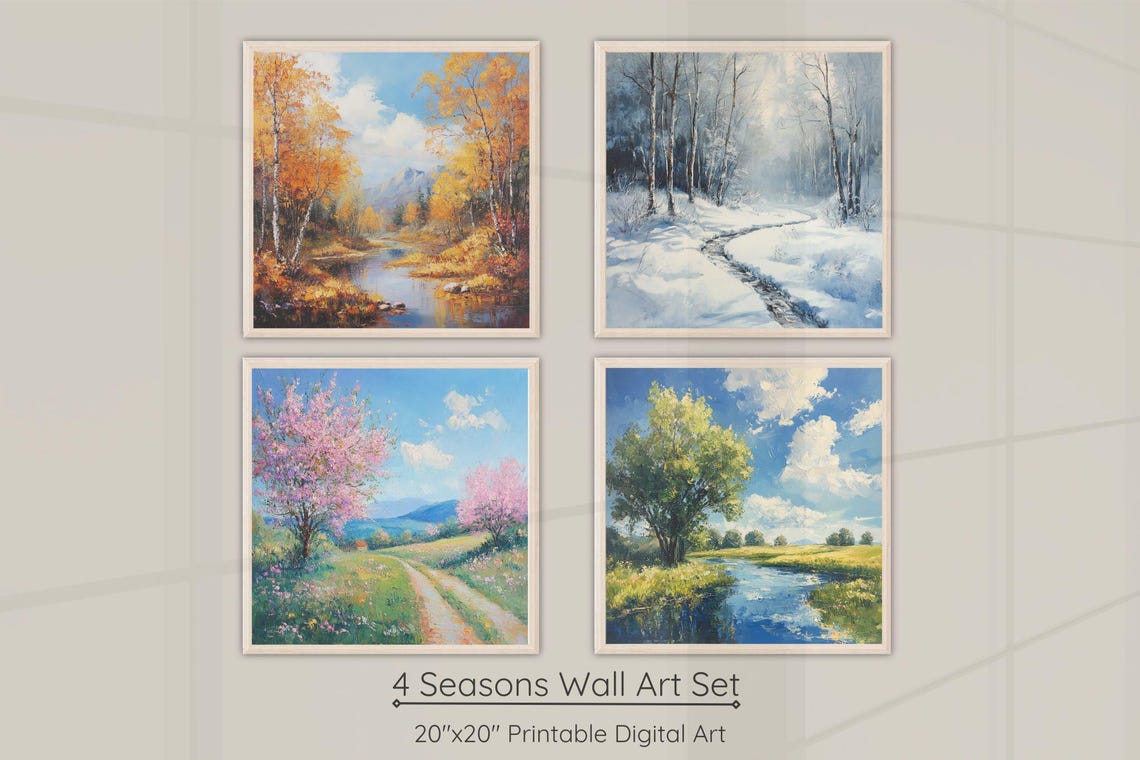 4 Seasons Wall Art Set of 4-nature Artwork-rustic Print-seasons Wall ...