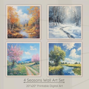 Puede incluir: Un conjunto de cuatro impresiones de arte digital que representan las cuatro estaciones. Cada impresión presenta una escena de paisaje con un río, árboles y un cielo con nubes. Las impresiones miden 50,8 cm por 50,8 cm y se titulan "4 Seasons Wall Art Set".