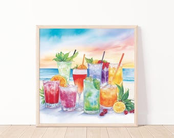 Aquarell tropische Getränke Wandbild, Strand Cocktail druckbare Kunst, Sommer Trink Illustration Druck, Tropische Bar Dekor druckbar, 20 "x 20"
