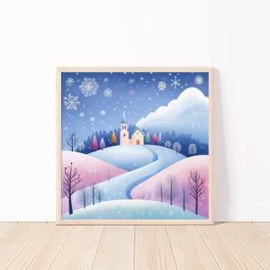 Winter Wonderland Digital Art, Snowy Landscape Printable Wall Art, Christmas Village Illustration, Festive Holiday Home Decor