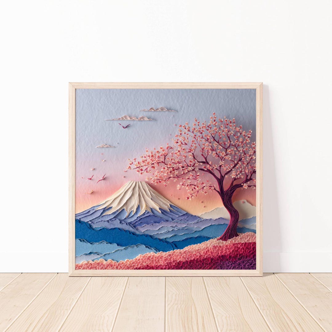 Mount Fuji Cherry Blossom Digital Art Print, Japanese Paper Cut Effect ...
