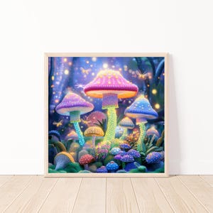 Magical Fairy Tale Mushroom Forest, Fantasy Digital Art Print, Enchanted Glowing Mushrooms, 20&quot;x20&quot; Wall Art Printable, Whimsical Decor