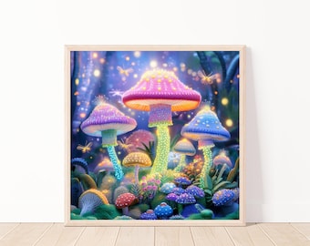 Bosque de hongos de cuento de hadas mágico, impresión de arte digital de fantasía, hongos brillantes encantados, arte de pared imprimible de 20" x 20", decoración caprichosa