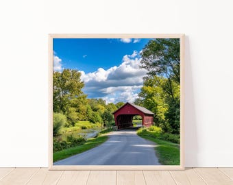 Scenic Red Covered Bridge Digital Art-Countryside Bridge Over River Digital Download-Rustic Landscape Photography Print, Home Decor-20"x20"