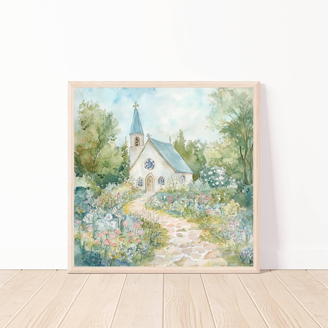 Watercolor Church Digital Art, Country Church Painting Image, Floral ...