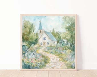 Arte digital de iglesia en acuarela, imagen de pintura de iglesia campestre, lámina de arte de paisaje floral, arte mural imprimible de escena de iglesia, iglesia, 20"x20"