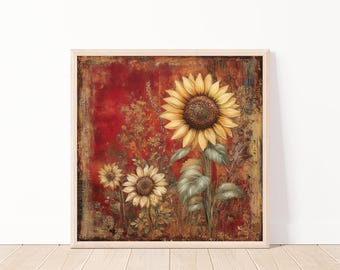 Vintage Sunflower Digital Wall Art Print, Rustic Sunflower Art Download, Antique Botanical Flower Artwork, Farmhouse Decor Print, 20"x20"