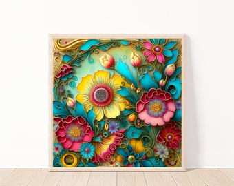 Floral Printable Wall Art-3D Effect Printable-Colorful Flower Poster-Flower Background Wall Art-Scrapbooking-Flower Décor
