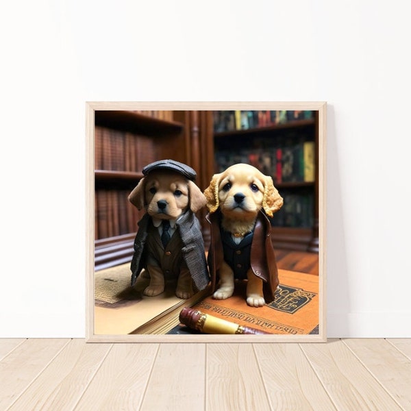 Cute Puppy Wall Art-Puppies In A Library Art-Puppy Art-Printable Victorian Era Puppy Art-Puppies Ai Wall Art-Nursery Printable 12" x 12"