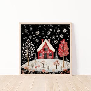 Winter Wonderland Digital Art Print, Snowy House Landscape, Christmas Wall Decor, Festive Home Decor, Instant Download, Holiday Art, 20"x20"