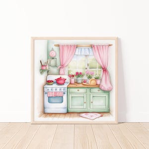 May include: Watercolor illustration of a vintage kitchen scene. The image features a white stove with a red pot, mint green cabinets, and pink curtains framing a window with flowers. A framed print with a light wood frame.