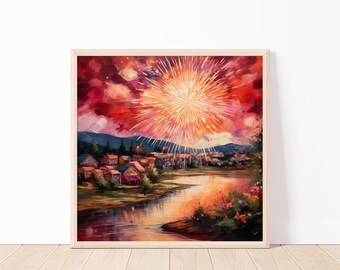 Colorful Fireworks Over Lake Digital Wall Art, Printable Art Sunset Village Wall Decor, Firework Burst Modern Home Wall Print, 20"x20"
