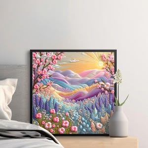 Pink Blossom Landscape Digital Print, Abstract Pastel Mountain Art, Sunrise Floral Scenery, High Resolution Wall Art Product, 20&quot;x20&quot;