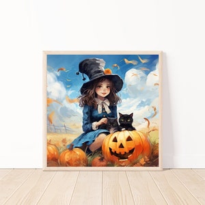 Cute Watercolor Halloween Girl Witch Wall Art-Kids Room Print-Gift For daughter-Kids Or Nursery Digital Download AI Art_Halloween Decor