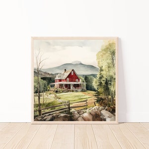 Watercolor Red Farm House-Printable Wall Art-Ai Country Art-Colorful-Farm House Digital Background-Scrapbooking-Country Chic Décor-12&quot; x 12&quot;