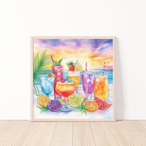 May include: A watercolor painting of a beach scene with six colorful cocktails and fruit. The cocktails are in various glasses and include a margarita, a daiquiri, a pineapple drink, and a blue drink. The fruit includes oranges, limes, and a grapefruit.
