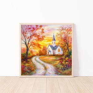 Autumn Church Landscape Watercolor Print, Sunset Path Digital Art, Fall Foliage Wall Decor, Countryside Chapel Poster, 20&quot;x20&quot;