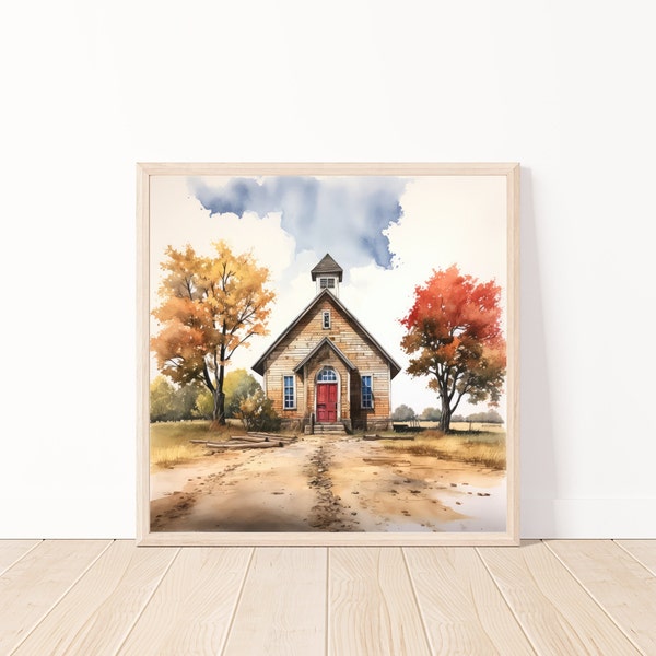 Watercolor One Room Schoolhouse Wall Art-Gift For Teacher-Country Chic-Vintage One Room School Art-Country Chic Art-Country Life Decor
