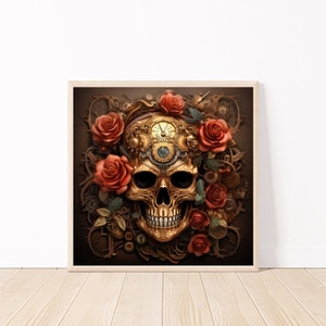 Steampunk Skull Artwork-Gothic Printable Decor-Skull And Roses Print-Vintage Steampunk Design-Steampunk Wall Art-For Craft, Scrapbooking
