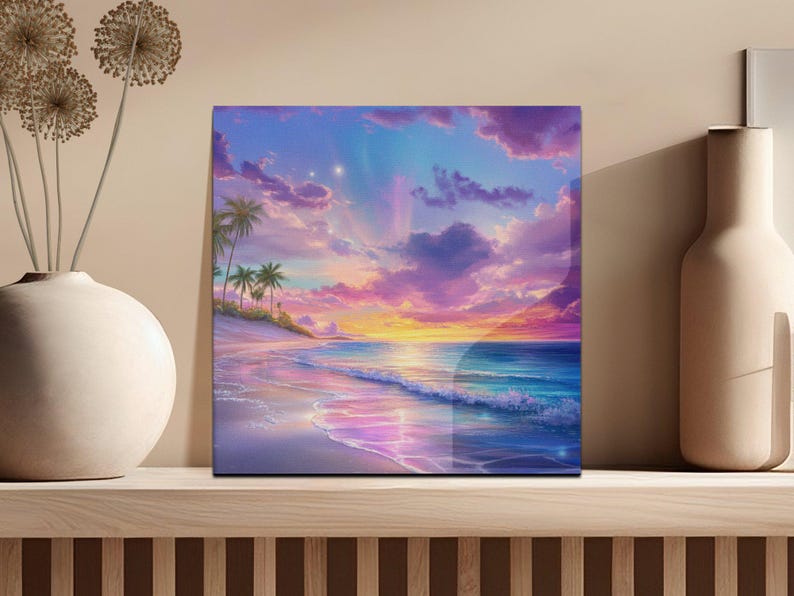 Tropical Beach Sunset Wall Art, Colorful Ocean Landscape Poster ...