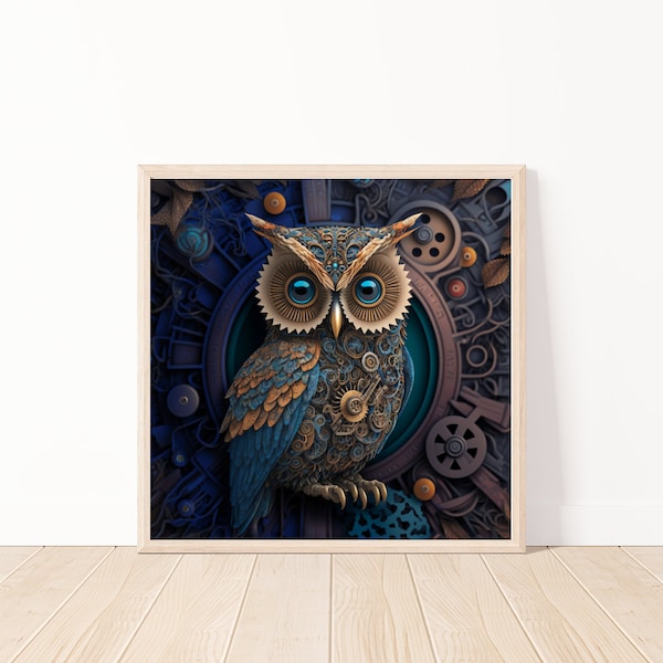 Steampunk Owl Printable Wall Art-Victoria Era 3D Style Multicolored Steampunk Owl Digital Background-Wall Art-Scrapbooking-12" x 12"