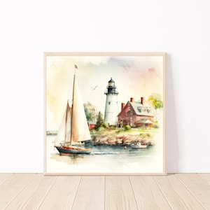 Aquarell Leuchtturm Wand Kunst-Nautische Ai Wand Kunst-Leuchtturm Druck-Leuchtturm & Segelboot Digital Download-12 &quot;x 12&quot;