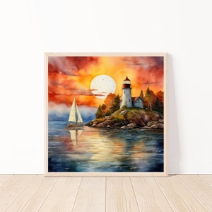 Watercolor Lighthouse At Sunset Wall Art-Seaside Landscape Ai Wall Art-Lighthouse Print-Lighthouse Digital Download-Nautical Decor