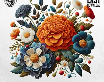 Faux Embroidery Floral PNG, Floral Clipart, Flower Png, Bouquet Png, Embroidered Flowers, Sublimation Png, Digital Download