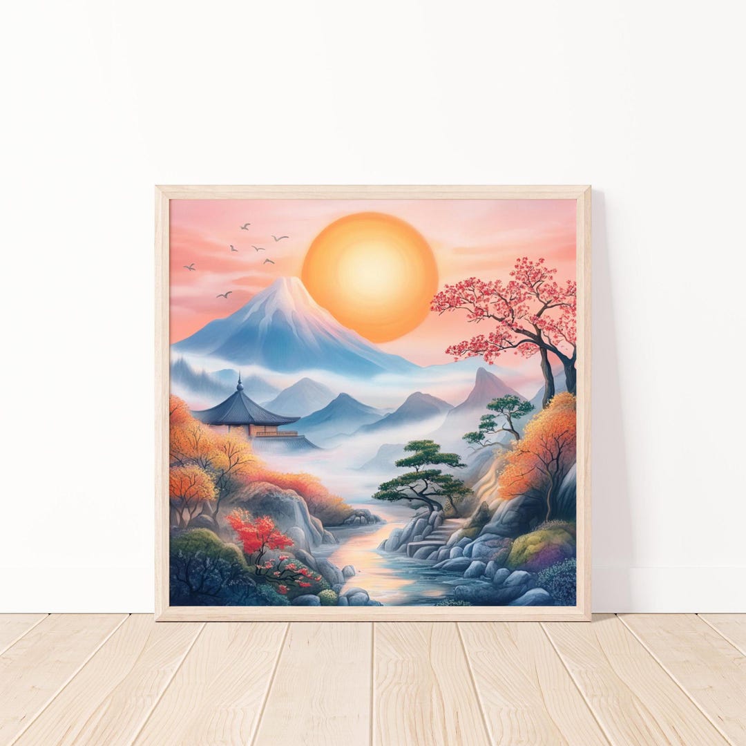 Japanese Sunset Landscape Wall Art Print, Pastel Mountain Scene Wall ...