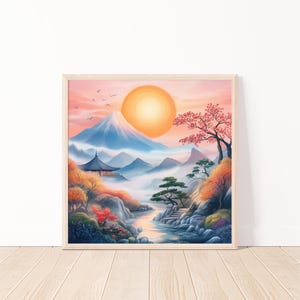 Impresión de arte de pared con paisaje de puesta de sol japonés, decoración de pared con escena de montaña en tonos pastel, ilustración de naturaleza serena para la oficina en casa, decoración asiática, 20 x 20 pulgadas