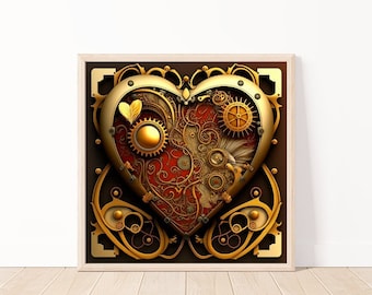 Arte mural imprimible de corazón steampunk - Scrapbooking steampunk - Decoración artística steampunk - Arte de corazón mecánico steampunk - Decoración artística industrial