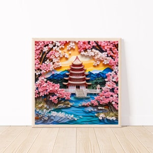 Cherry Blossoms Paper Quilling-Cherry Blossoms In A Japanese Garden Ai Art-Cherry Blossom Print-Japanese Art Decor-Quilling Flower Art