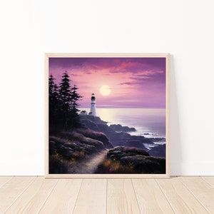 Watercolor Lighthouse At Sunset Wall Art-Seaside Landscape Ai Wall Art-Lighthouse Print-Lighthouse Digital Download-Lighthouse Decor