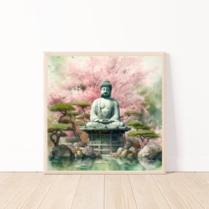 Watercolor Statue Of Buddha In A Forest Of Cherry Trees-Zen Wall Decor-Asian Inspired Art-Mindfulness Wall Decor-Spiritual Wall Art