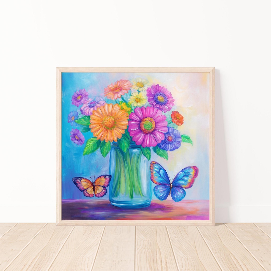 Colorful Floral Bouquet With Butterflies, Vibrant Abstract Wall Art ...