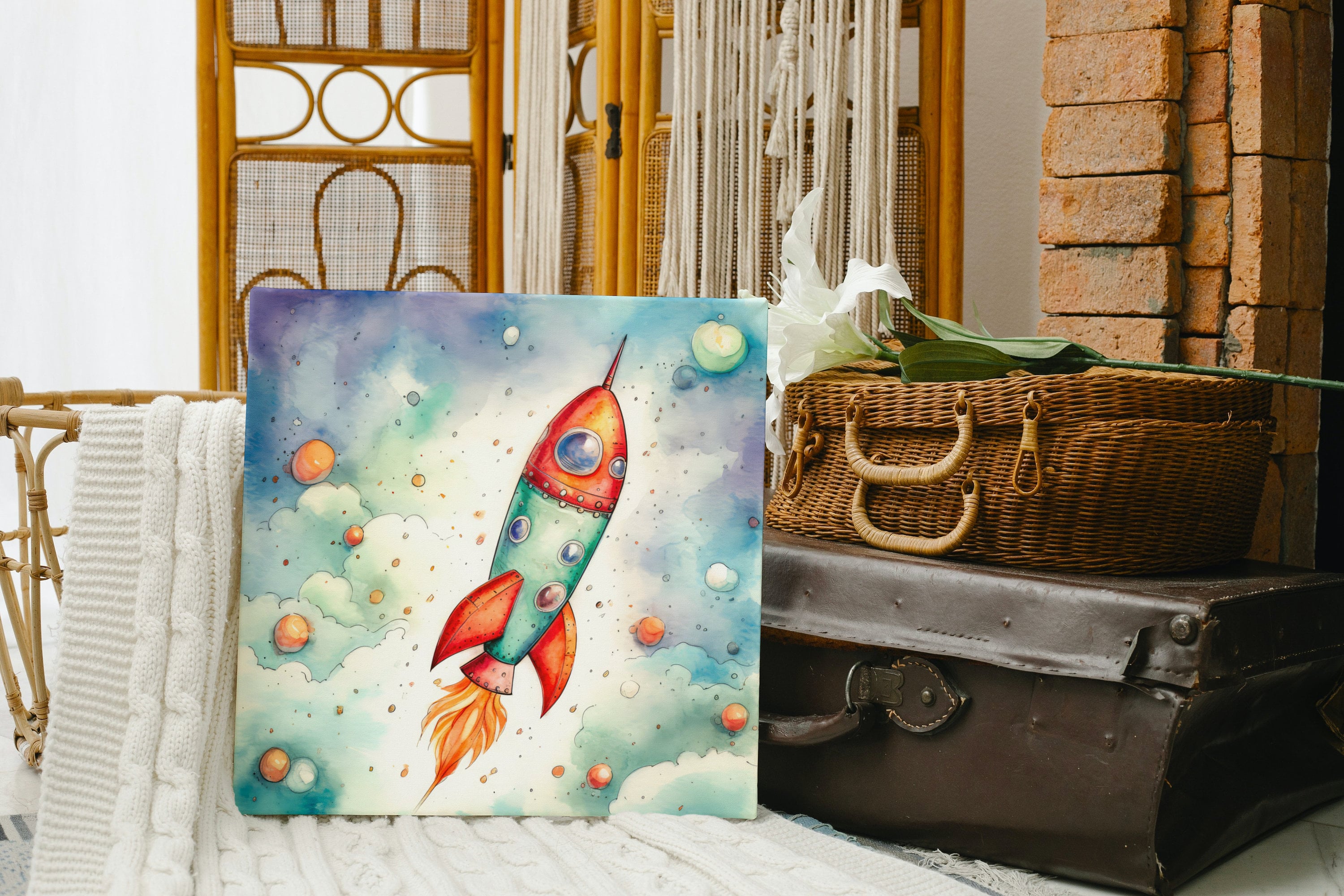 Watercolor Retro Kids Rocket Ship in Space Wall Artkids Room Etsy