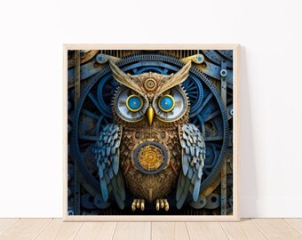 Blue Steampunk Owl Printable Wall Art-Victoria Era 3D Style Multicolored Steampunk Owl Digital Background-Wall Art-Scrapbooking-12" x 12"