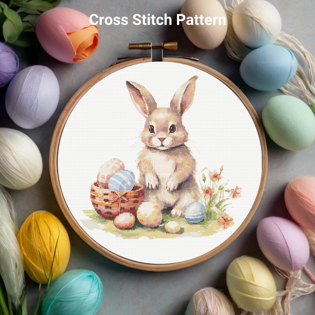 Cute Easter Bunny Cross Stitch Pattern, Realistic Rabbit With Eggs ...