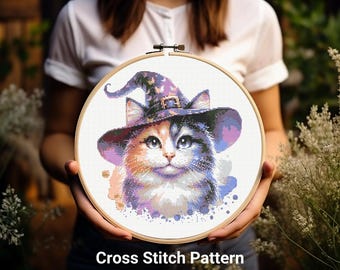 Korsstygnsmönster för Halloween-katt, korsstygnsmönster för häxhatt-katt, mönster för söt, läskig Halloween-korsstygn, mönster för akvarell häxor