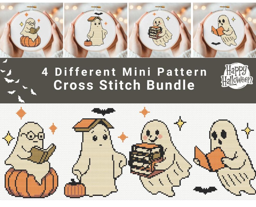 Tiny Halloween Cross Stitch Pattern Bundle, Reading Ghost Cross Stitch ...