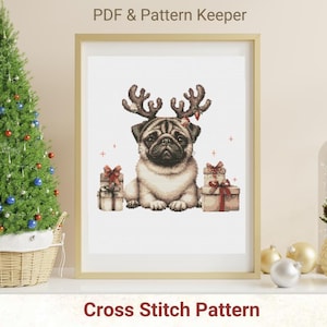 May include: Cross stitch pattern featuring a pug wearing a reindeer antler headband and holding a gift box. The pug is brown and white and has a pink nose. The background is white with a few scattered stars.