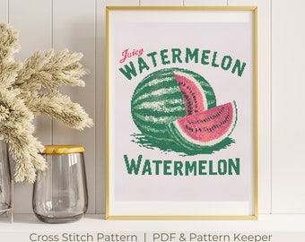 Watercolor Watermelon Cross Stitch Pattern, Vintage Summer Fruits X Stitch Chart, Home Decor Watermelon for Kitchen, Pattern Keeper Friendly